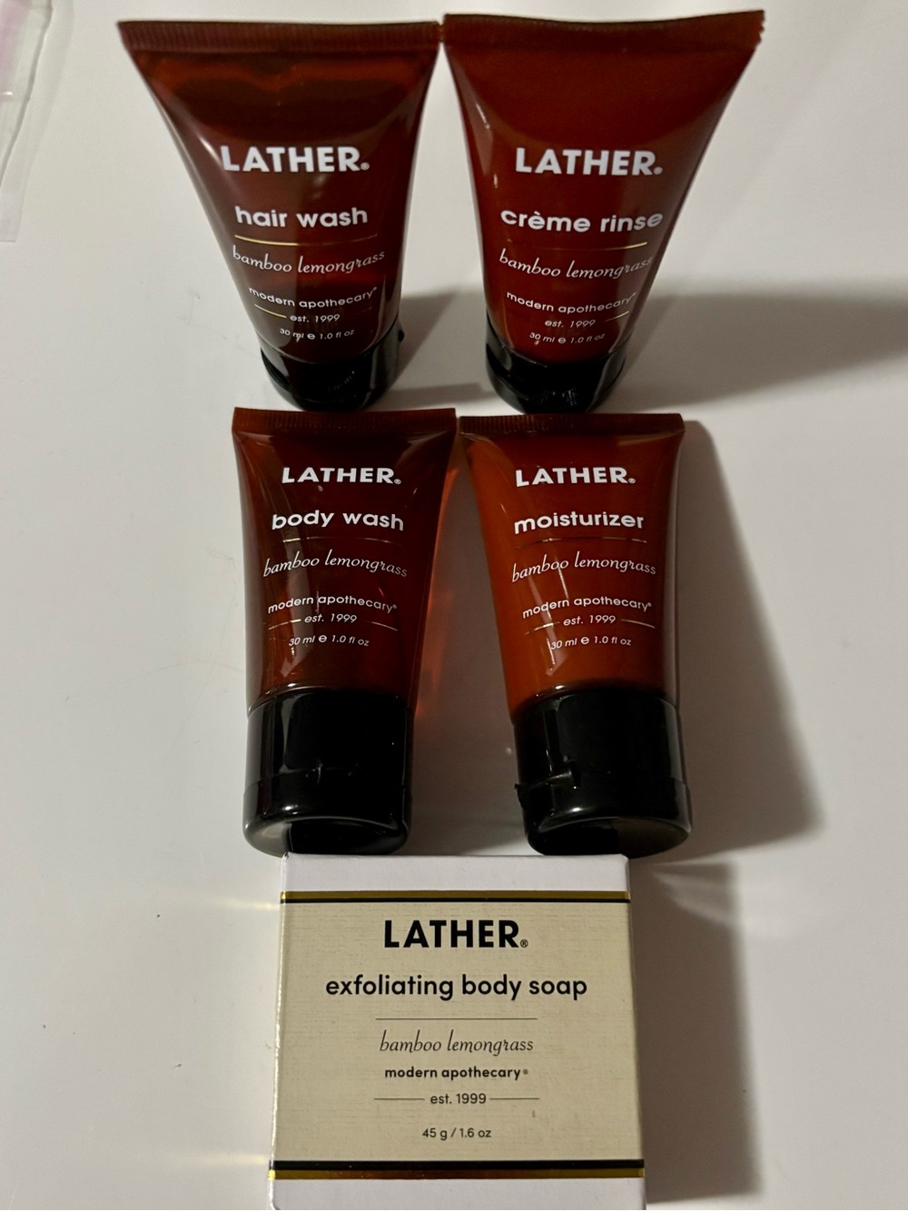 New Lather. Set of 5 Bath & Body Bamboo Lemongrass Travel size products